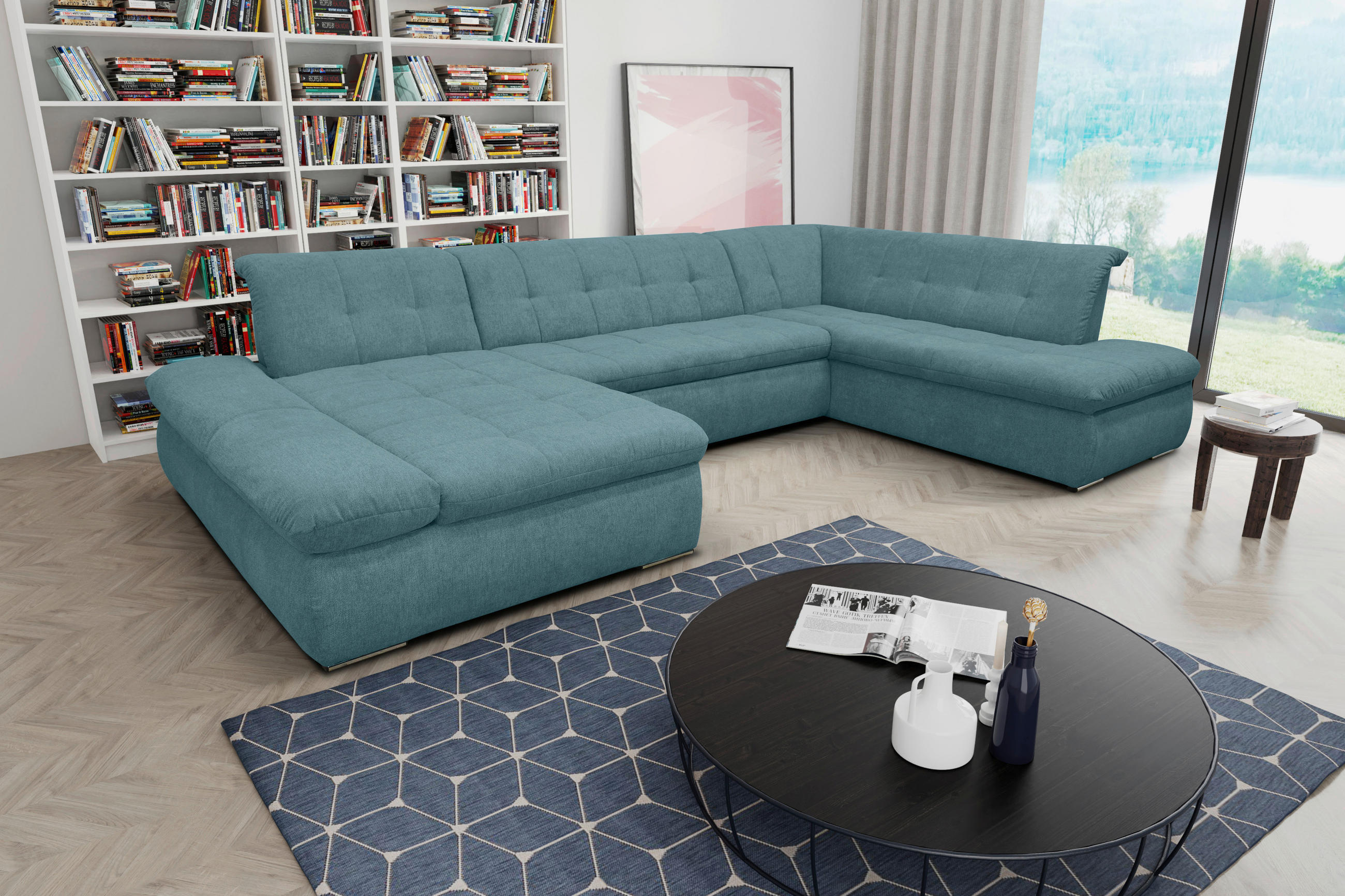 WOHNLANDSCHAFT Petrol Mikrofaser - Chromfarben/Petrol, KONVENTIONELL, Textil/Metall (172/353/216cm) - MID.YOU