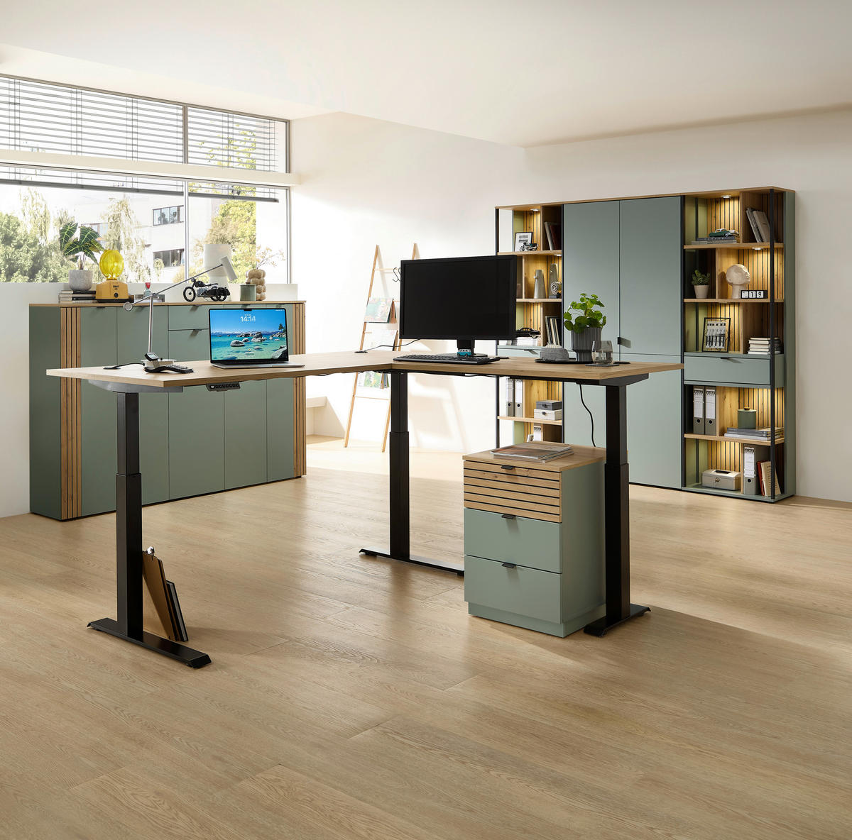 SCHREIBTISCH 150/77/73 cm Schwarz, Eiche Artisan, Schilfgrün  - Schilfgrün/Schwarz, KONVENTIONELL, Holzwerkstoff/Metall (150/77/73cm) - Voleo