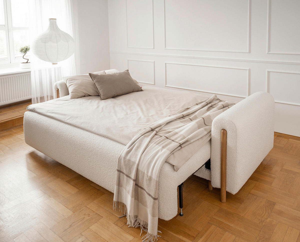SCHLAFSOFA in Bouclé Creme, Naturfarben  - Eichefarben/Creme, Design, Holz/Textil (244/97/97cm) - MID.YOU
