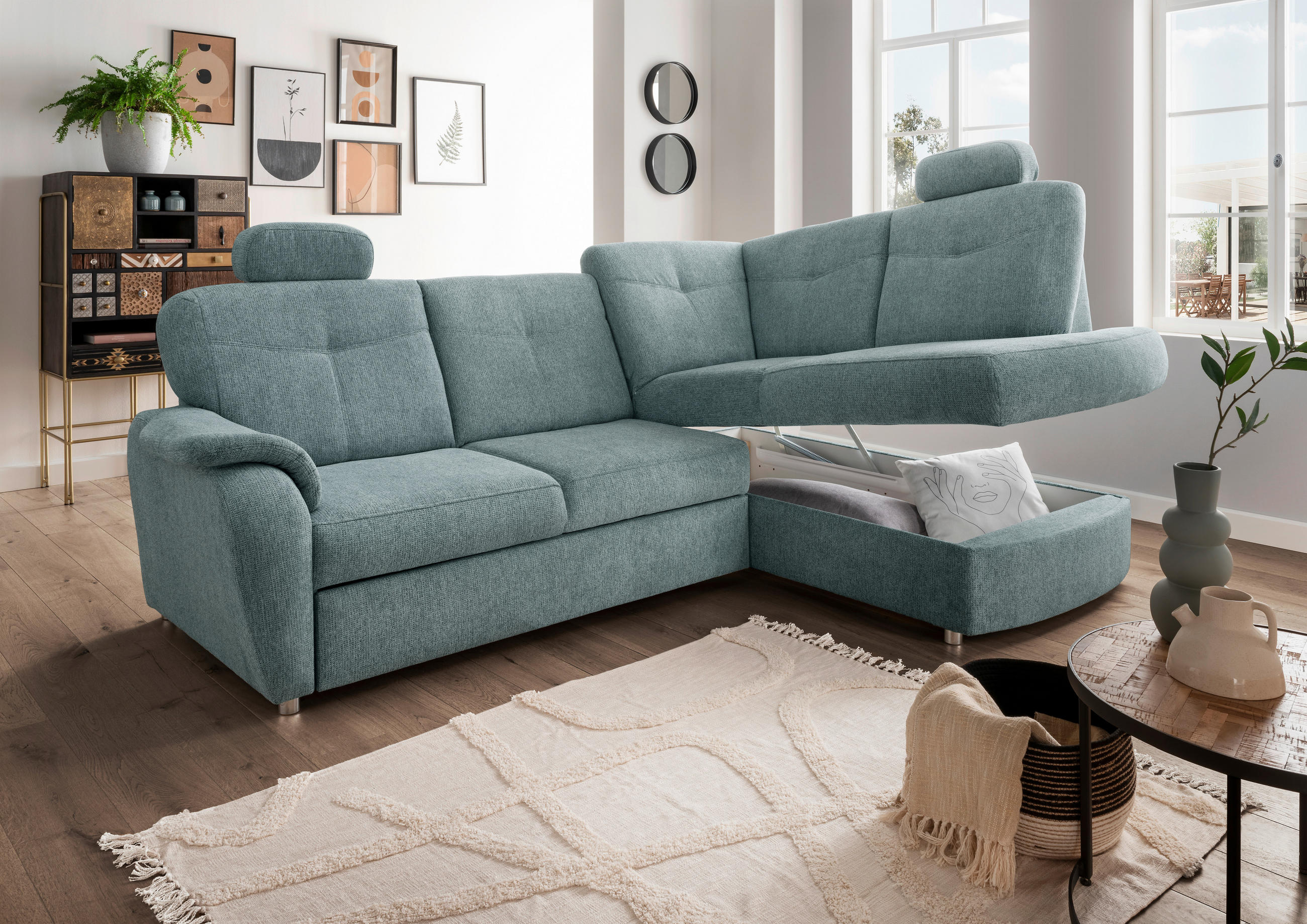 ECKSCHLAFSOFA in Chenille Mintgrün  - Chromfarben/Mintgrün, Modern, Kunststoff/Textil (264/180cm) - Livetastic