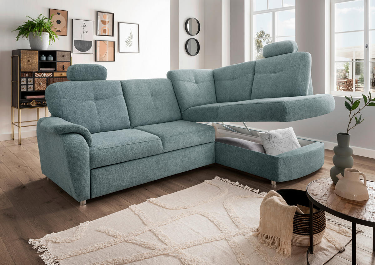 ECKSCHLAFSOFA  mit Liegefunktion, seitenverkehrt erhältlich, Schlafen auf Sitzhöhe, Rücken echt, Armteil links Chenille Mintgrün  - Chromfarben/Mintgrün, MODERN, Kunststoff/Textil (264/180cm) - Livetastic