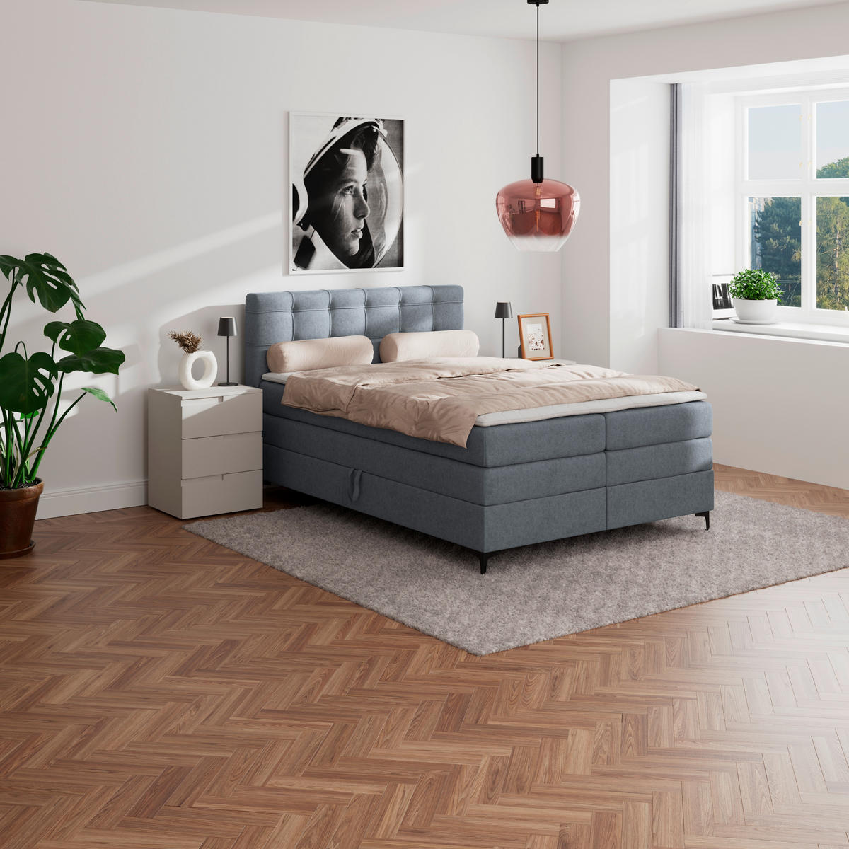 BOXSPRINGBETT 140/200 cm,  in Blaugrau, H3 = fest  - Blaugrau/Schwarz, KONVENTIONELL, Kunststoff/Textil (140/200cm)