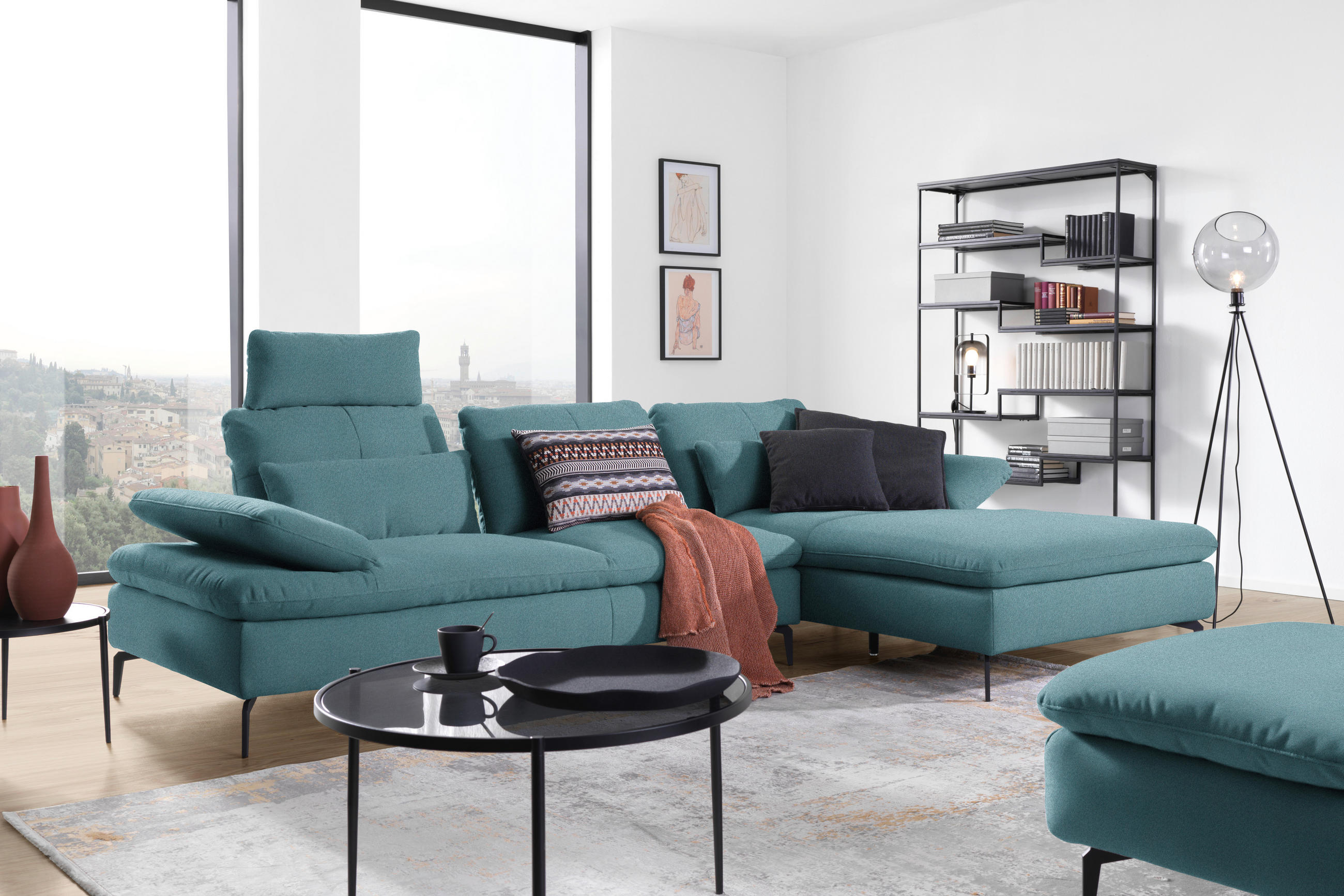 ECKSOFA in Webstoff Hellblau  301/179 cm  - Schwarz/Hellblau, Design, Textil/Metall (301/179cm) - Chilliano