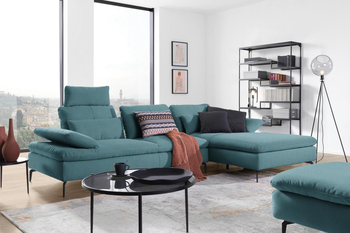 ECKSOFA in Webstoff Hellblau  301/179 cm  - Schwarz/Hellblau, Design, Textil/Metall (301/179cm) - Chilliano