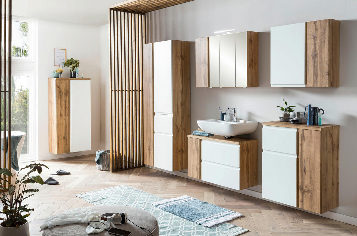 SKRINKA POD UMÝVADLO, 85/56/35 cm - biela/dub wotan, Modern, kompozitné drevo (85/56/35cm) - Held