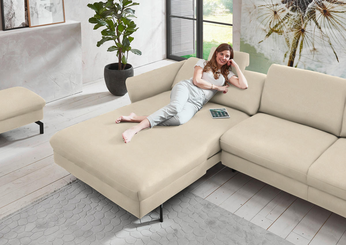 ECKSOFA in Velours Creme  - Creme/Schwarz, Design, Textil/Metall (179/306cm) - Beldomo System