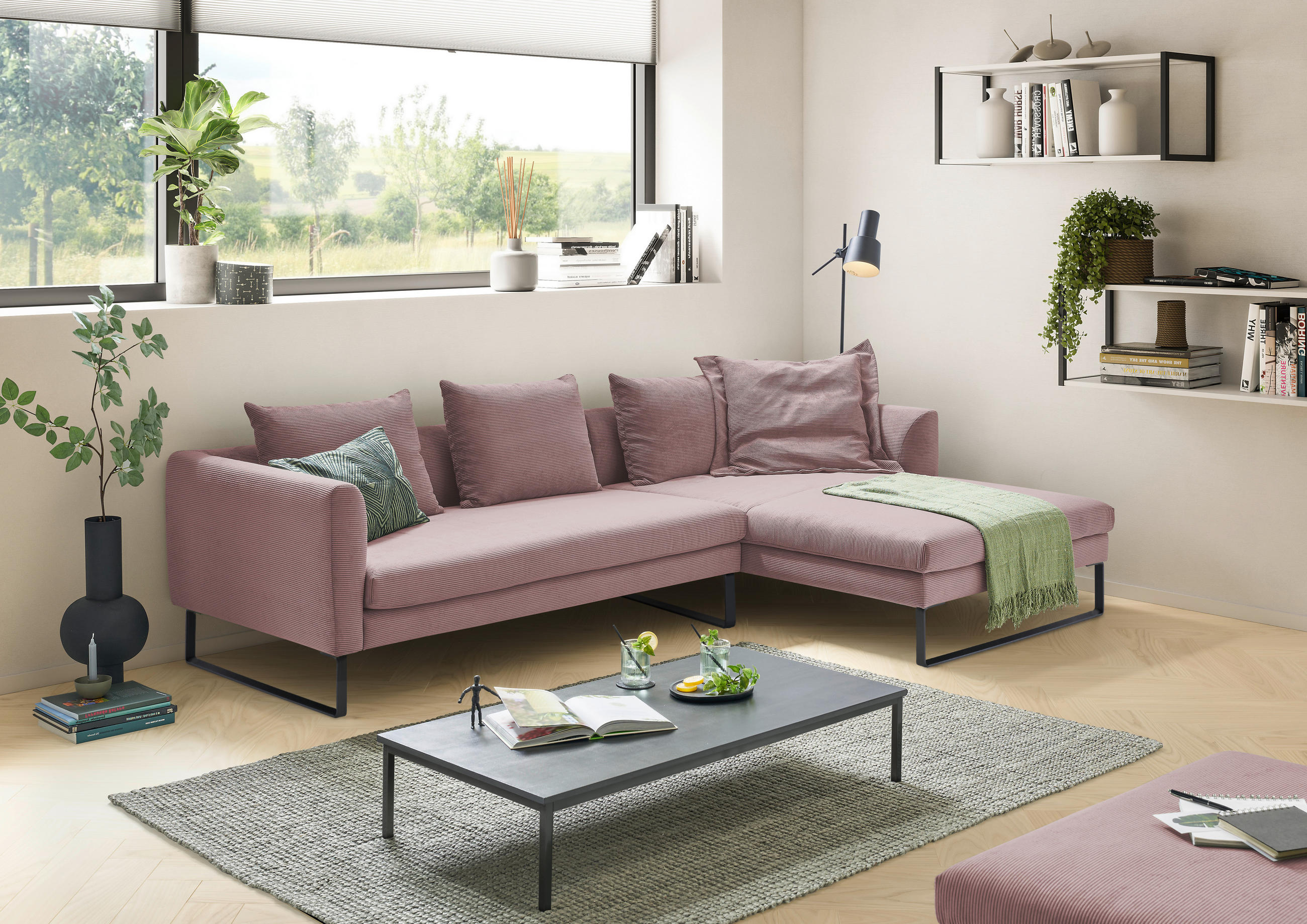ECKSOFA in Feincord Altrosa  284/178 cm  - Schwarz/Altrosa, KONVENTIONELL, Textil/Metall (284/178cm) - Hom`in