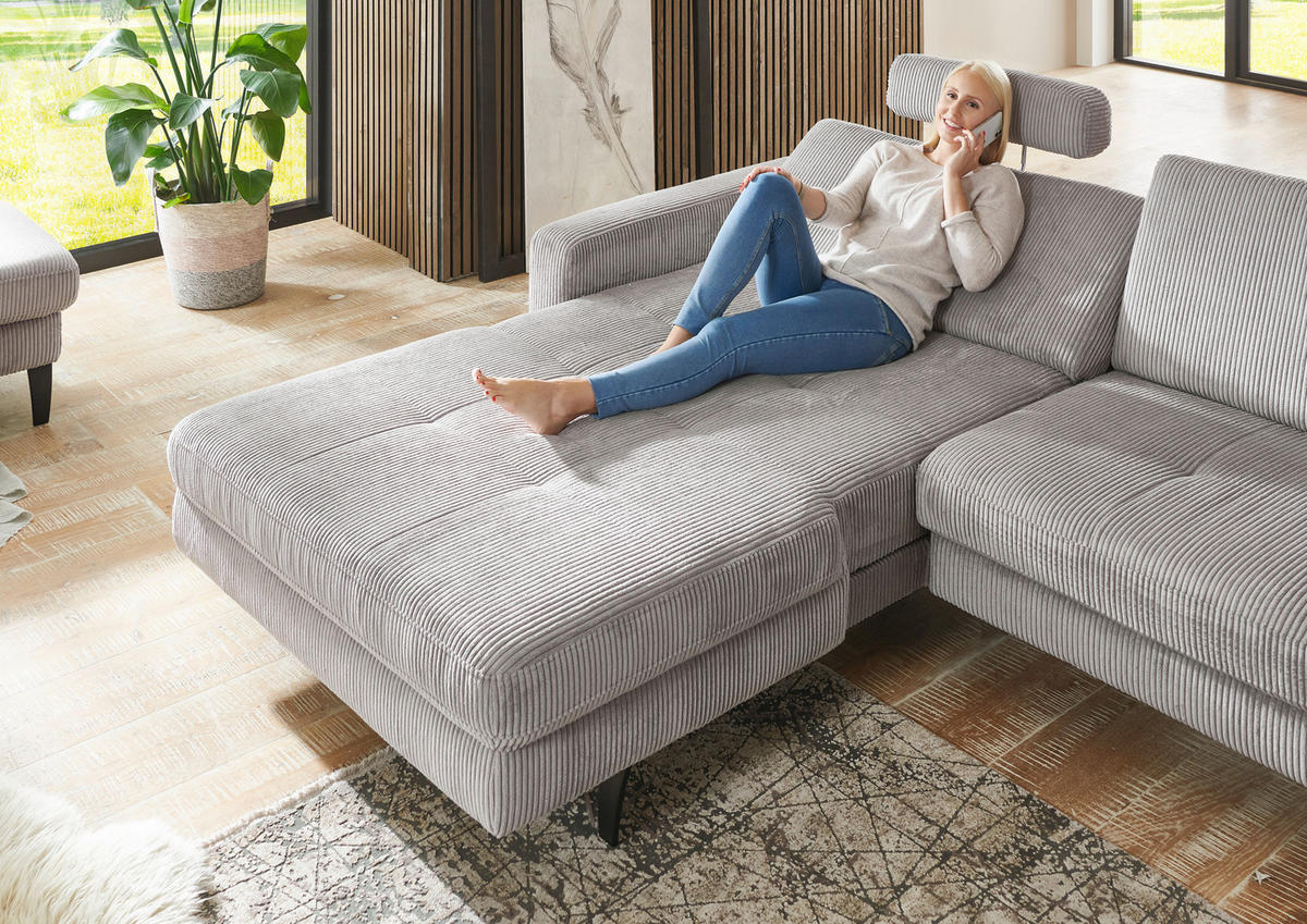 ECKSOFA Hellgrau Cord  - Hellgrau/Schwarz, MODERN, Textil/Metall (177/302cm) - Beldomo Style