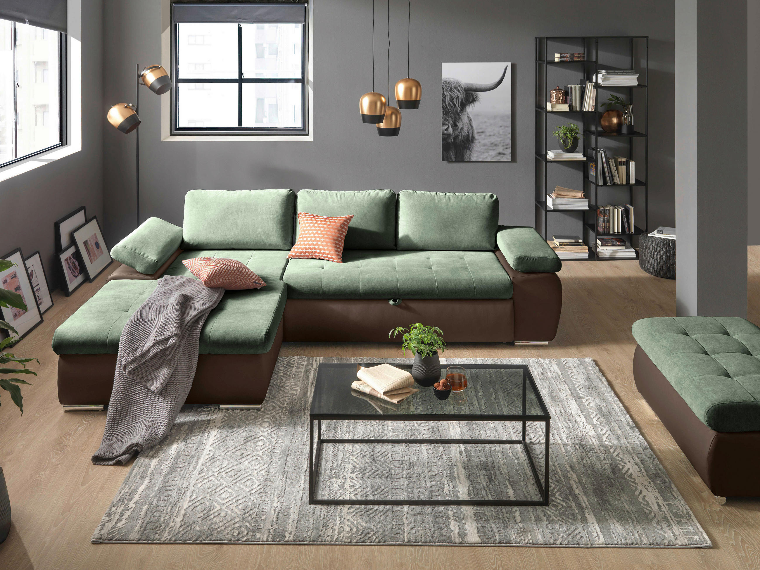 ECKSOFA Braun, Olivgrün Flachgewebe  - Braun/Olivgrün, Design, Kunststoff/Textil (175/271cm) - MID.YOU