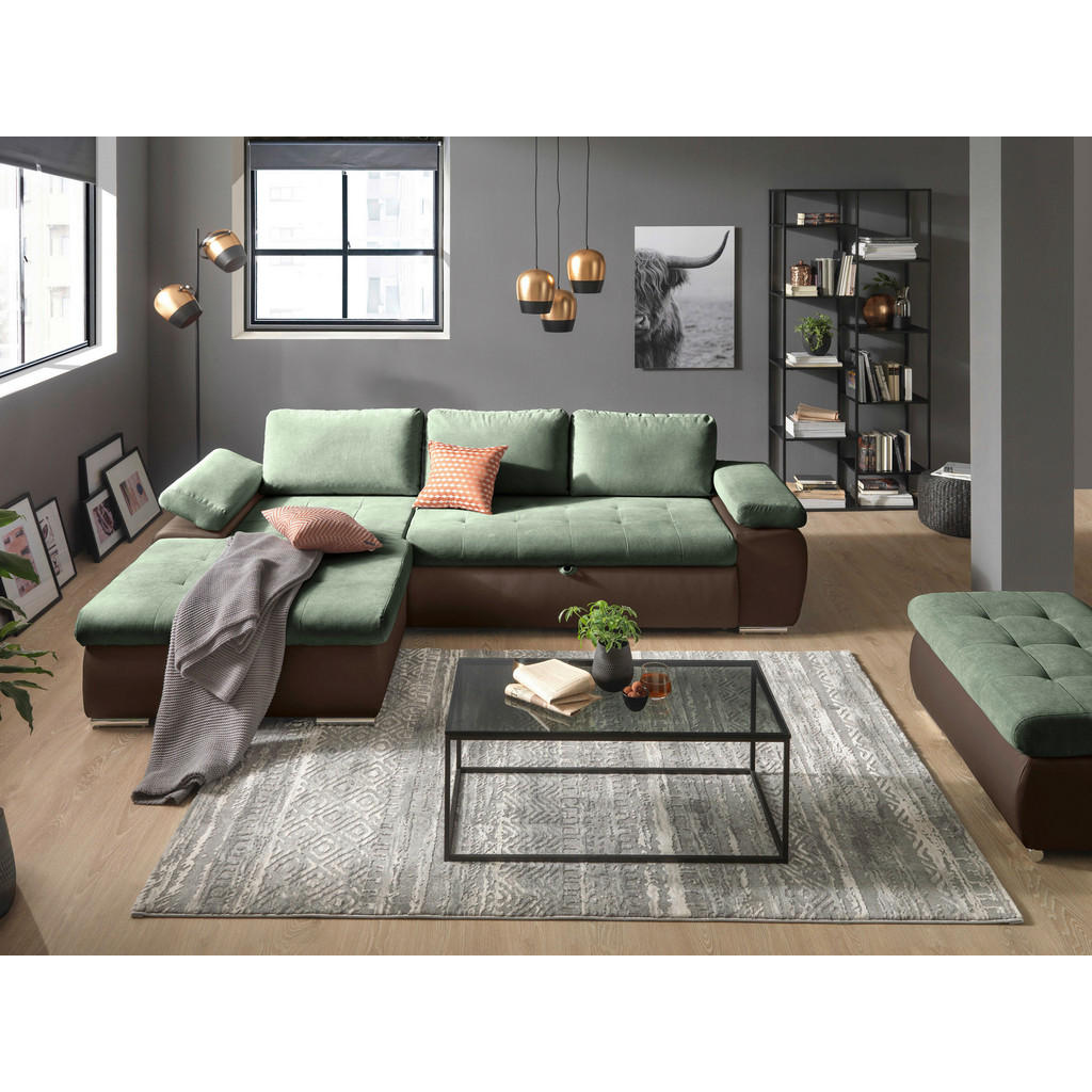 Thumbnail - Mid.you Ecksofa, Braun, Olivgrün, Textil, 3-Sitzer, Ottomane links, L-Form, 271x175 cm, seitenverkehrt erhältlich, Schla...