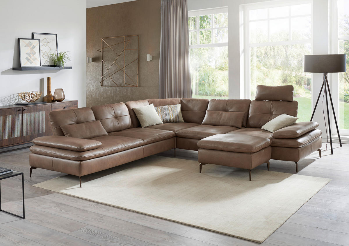 ECKSOFA Sandfarben Echtleder  - Sandfarben/Bronzefarben, Design, Leder/Metall (298/298cm) - Chilliano