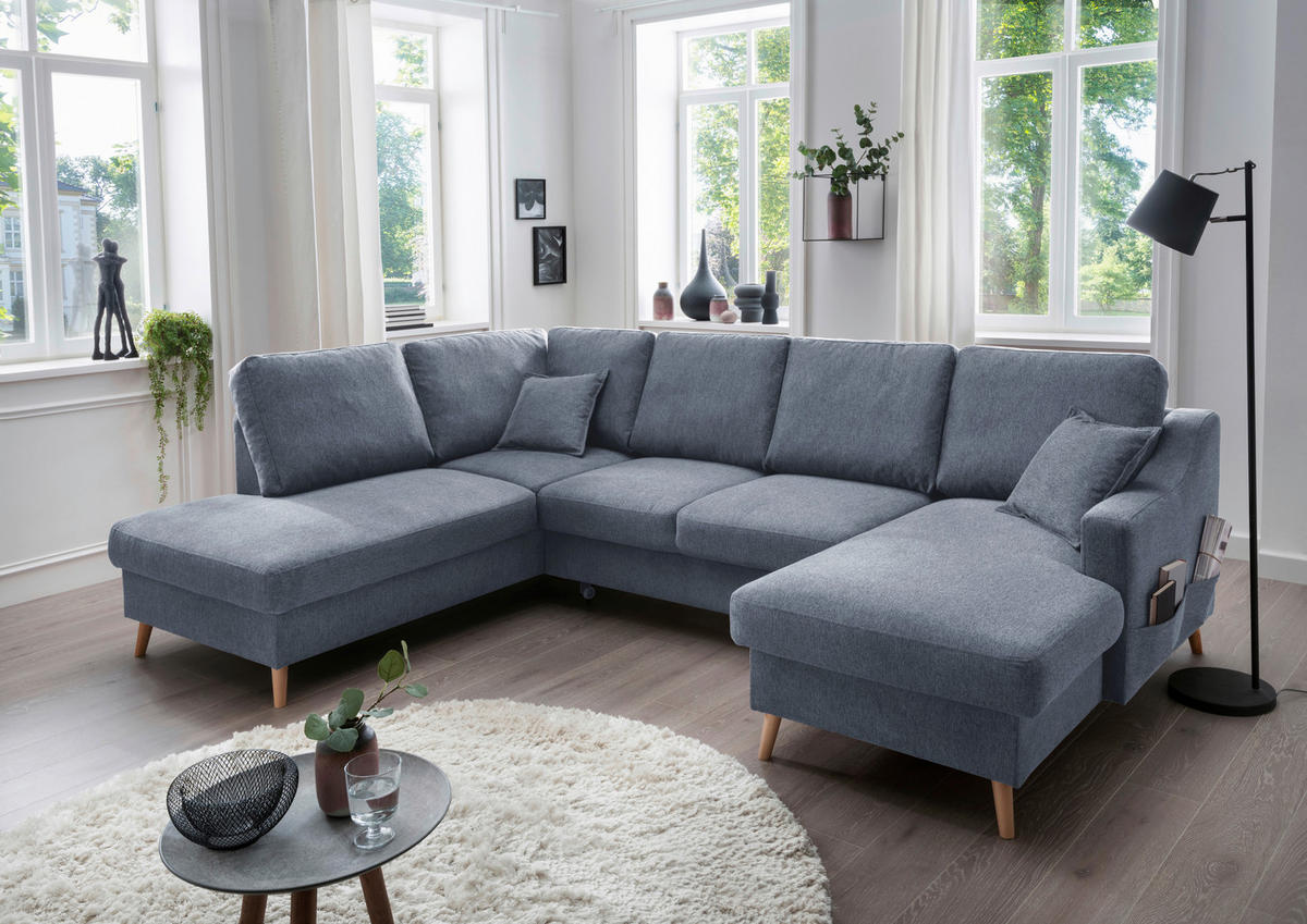 WOHNLANDSCHAFT Blau Struktur  - Blau/Naturfarben, KONVENTIONELL, Holz/Textil (200/301/150cm) - P & B