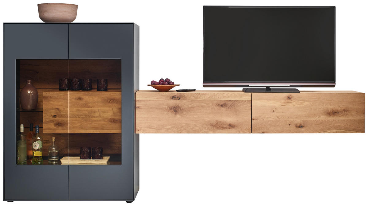 WOHNWAND  in Anthrazit, Eichefarben 299/148/44 cm  - Eichefarben/Anthrazit, Natur, Glas/Holz (299/148/44cm) - Valnatura