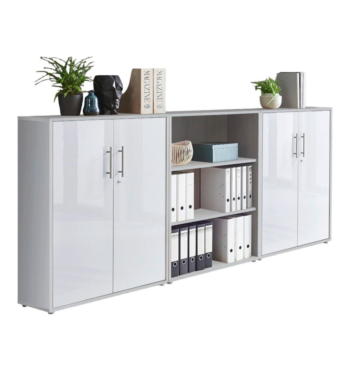Mid.you Aktenschrank Office Edition - SW Set 9 Grau, Weiß Hochglanz 253.2x113.6x33 cm