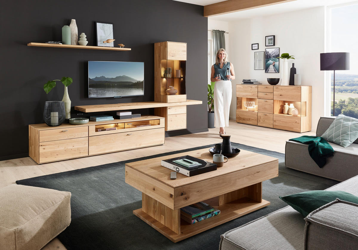 WOHNWAND  in Wildeiche  304/179/55 cm  - Wildeiche, Natur, Glas/Holz (304/179/55cm) - Valnatura