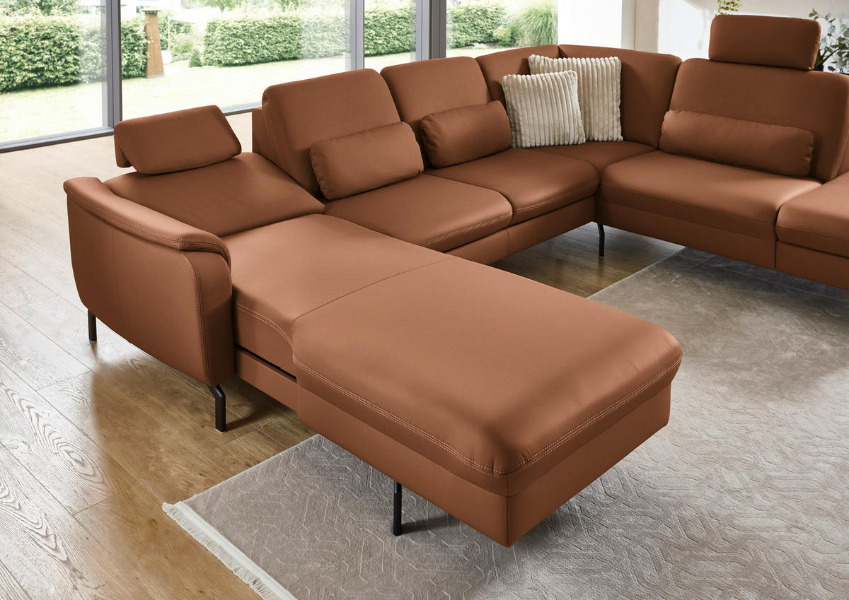 WOHNLANDSCHAFT Echtleder Cognac  - Cognac/Schwarz, Konventionell, Leder/Metall (168/306/224cm) - Beldomo Premium