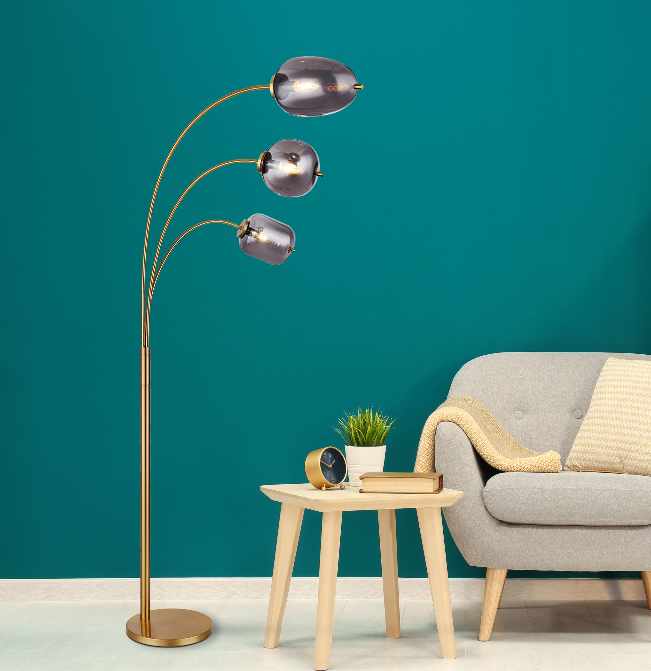 BÖJD LAMPA Blacky I 80/60/175 cm    - mässingsfärgad/grå, Design, metall/glas (80/60/175cm) - Globo
