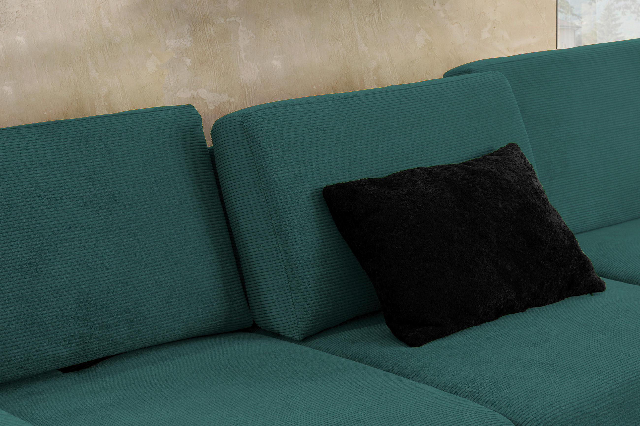 Thumbnail - Pure Home Lifestyle Ecksofa, Dunkelgrün, Textil, 4-5-Sitzer, Ottomane rechts, L-Form, 298x185-209 cm, Goldenes M, Dgm, F...