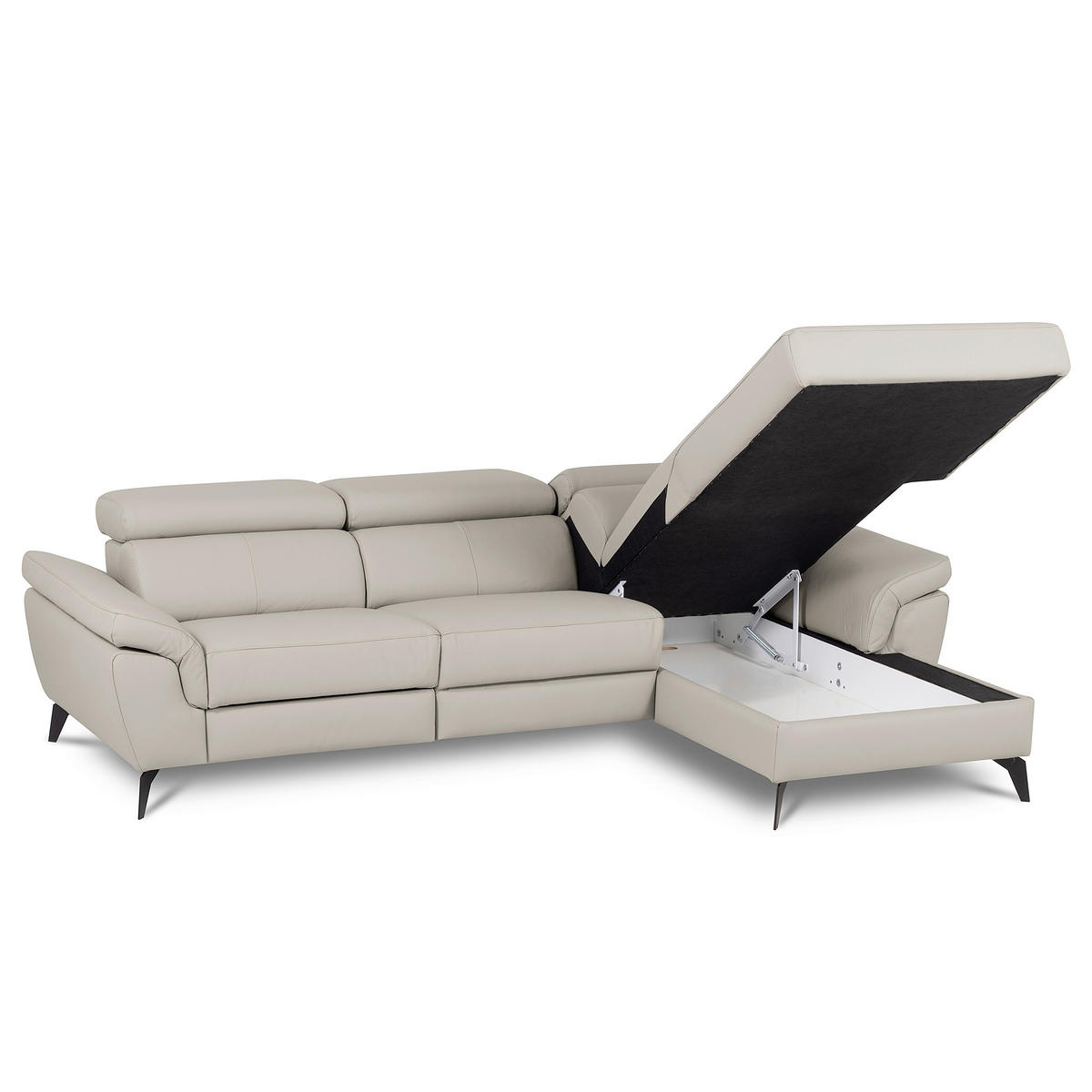 ECKSOFA SONO in Lederlook Echtleder Platinfarben Bettkasten, Armteilverstellung, Kopfteilverstellung  252/179 cm  - Platinfarben/Schwarz, Design, Leder/Textil (252/179cm) - Livetastic