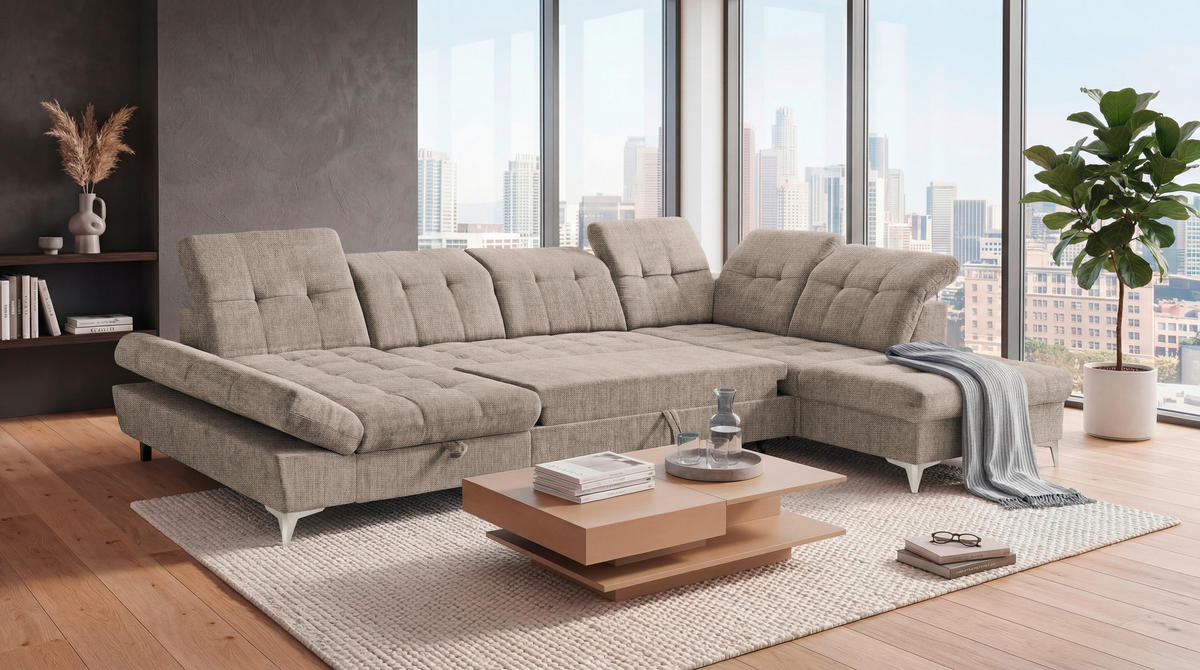 WOHNLANDSCHAFT Mikrovelours Beige  - Kaschmir/Beige, Modern, Kunststoff/Textil (169/348/245cm) - MID.YOU