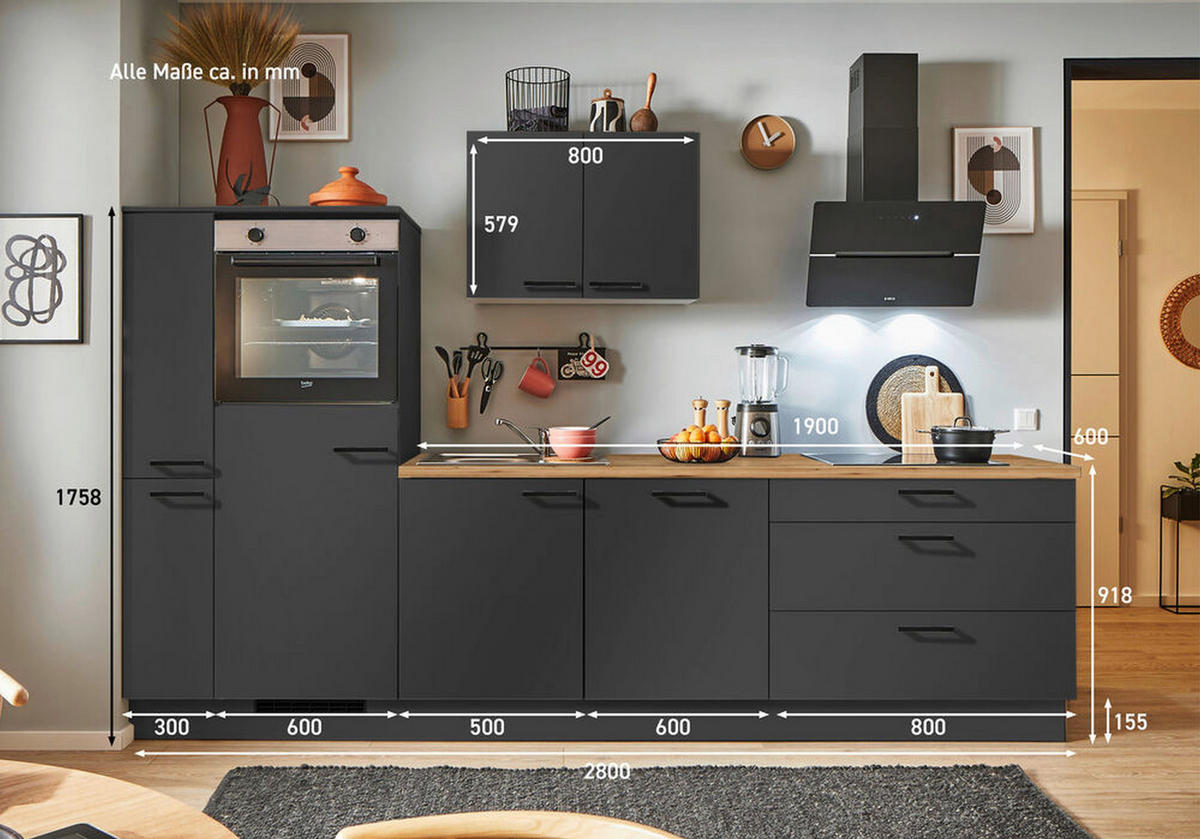 KÜCHENBLOCK PN 80 280 cm  in Graphitfarben, Eichefarben  - Eichefarben/Schwarz, Design, Holzwerkstoff/Metall (280cm) - Pino