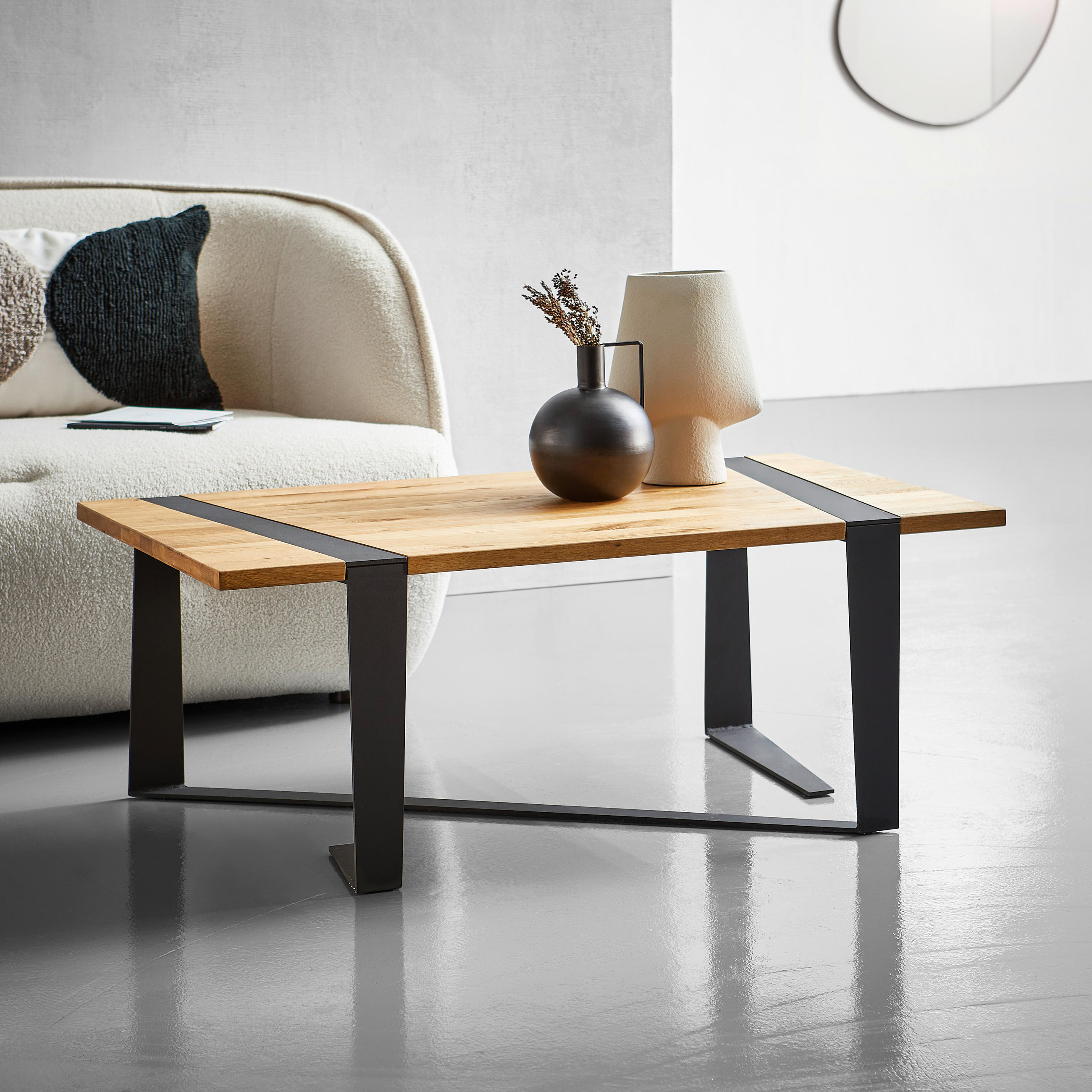 COUCHTISCH Eiche massiv 110/60/41 cm rechteckig Naturfarben, Schwarz  - Schwarz/Naturfarben, Natur, Holz/Metall (110/60/41cm) - Livetastic