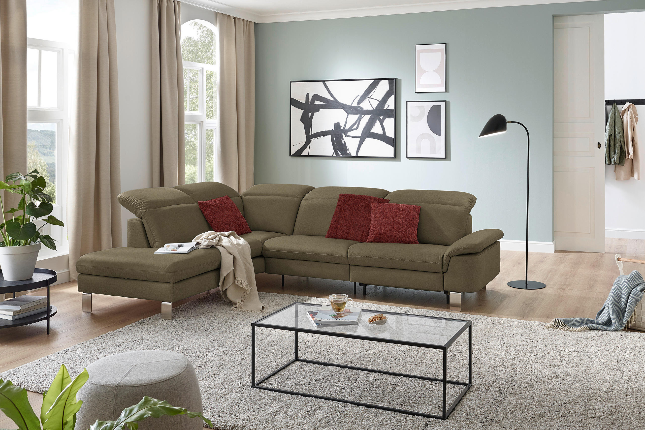 ECKSOFA in Echtleder Olivgrün  233/309 cm  - Edelstahlfarben/Olivgrün, Design, Leder/Metall (233/309cm) - Dieter Knoll