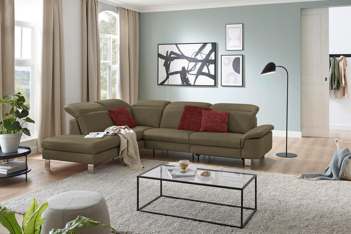 ECKSOFA in Echtleder Olivgrün  233/309 cm  - Edelstahlfarben/Olivgrün, Design, Leder/Metall (233/309cm) - Dieter Knoll