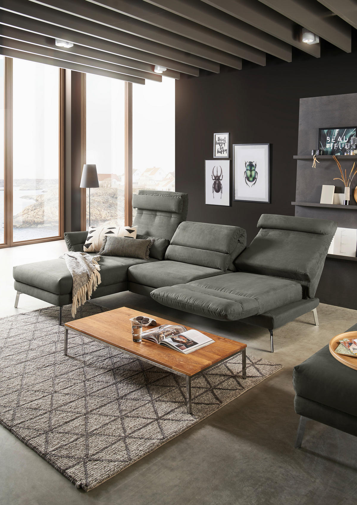 ECKSOFA in Mikrofaser Graphitfarben  - Chromfarben/Graphitfarben, Design, Textil/Metall (176-217/279-327cm) - Dieter Knoll