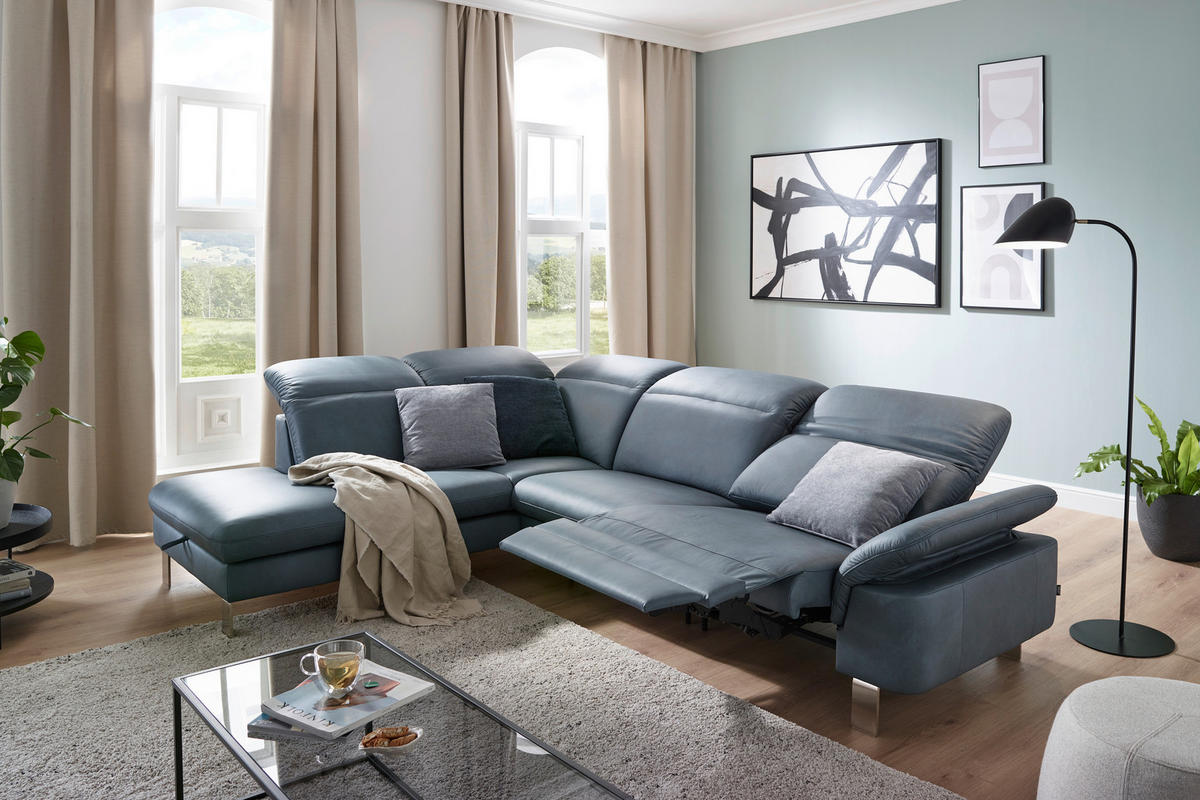 ECKSOFA in Echtleder Blaugrau  - Edelstahlfarben/Blaugrau, Design, Leder/Metall (309/233cm) - Dieter Knoll