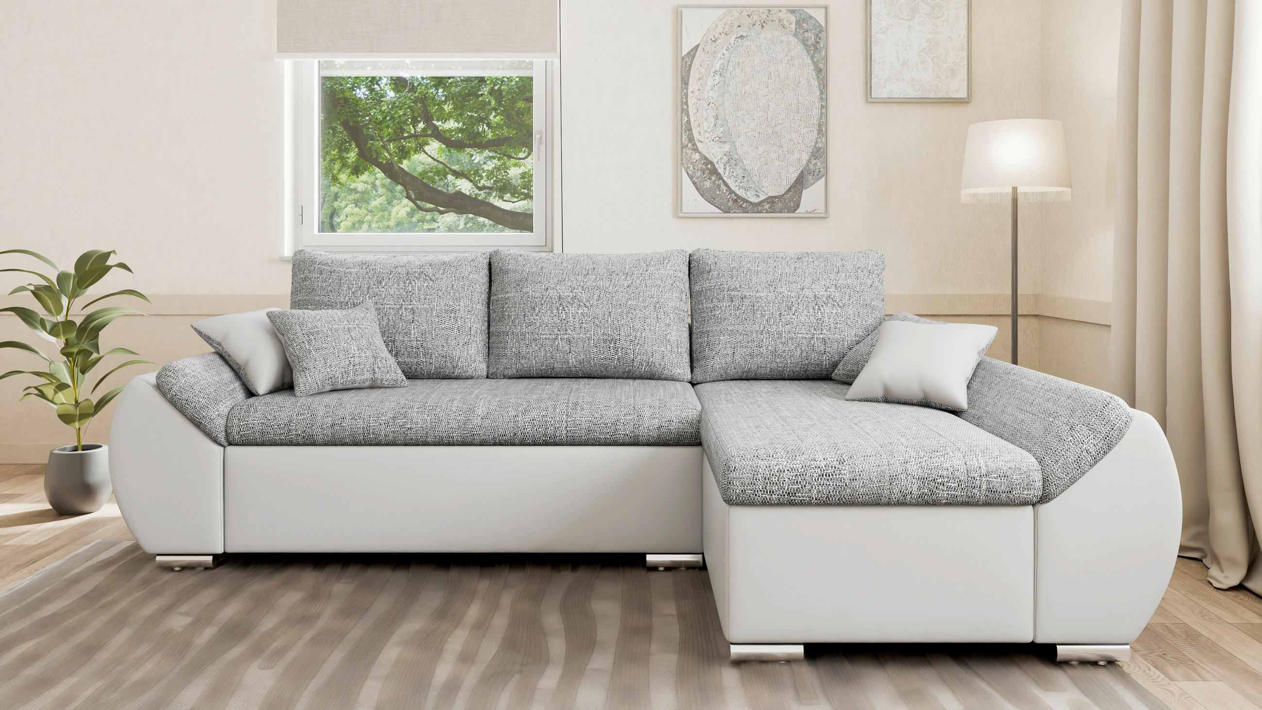 ECKSOFA  AURO Grau, Weiß  - Silberfarben/Weiß, Design, Kunststoff/Textil (275/155cm) - MID.YOU