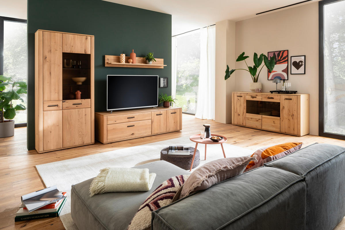 WOHNWAND  in Eichefarben 302/208/50 cm  - Eichefarben/Anthrazit, Konventionell, Glas/Holz (302/208/50cm) - Cantus