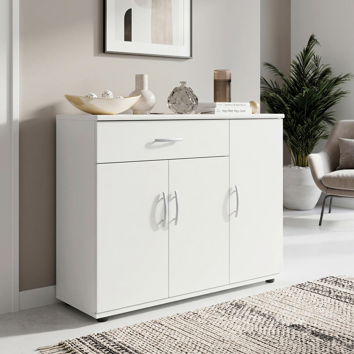 KOMMODE , 90/70/30 cm, 1 Schublade(n)  - Silberfarben/Weiß, Design, Holzwerkstoff/Kunststoff (90/70/30cm) - Livetastic