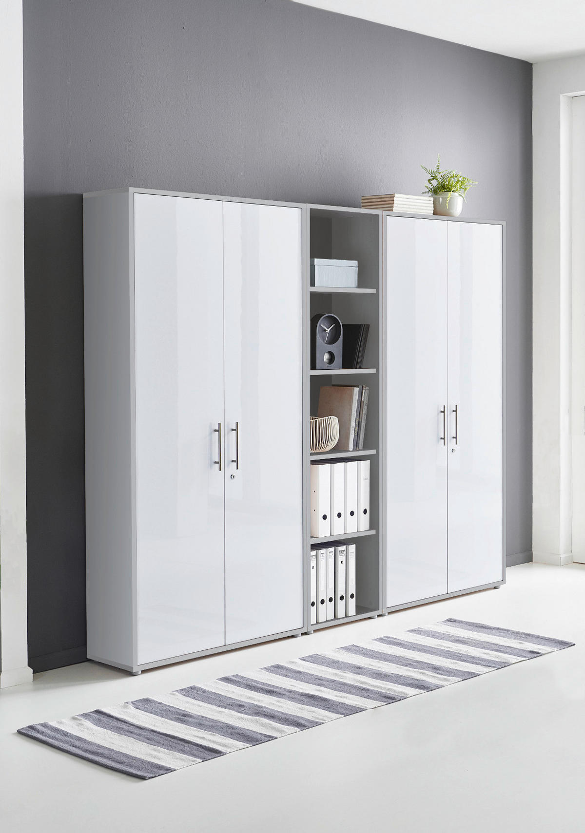 BÜRO erweiterbar, abschließbar Grau, Weiß Hochglanz - Weiß Hochglanz/Grau, MODERN, Holzwerkstoff/Metall - MID.YOU