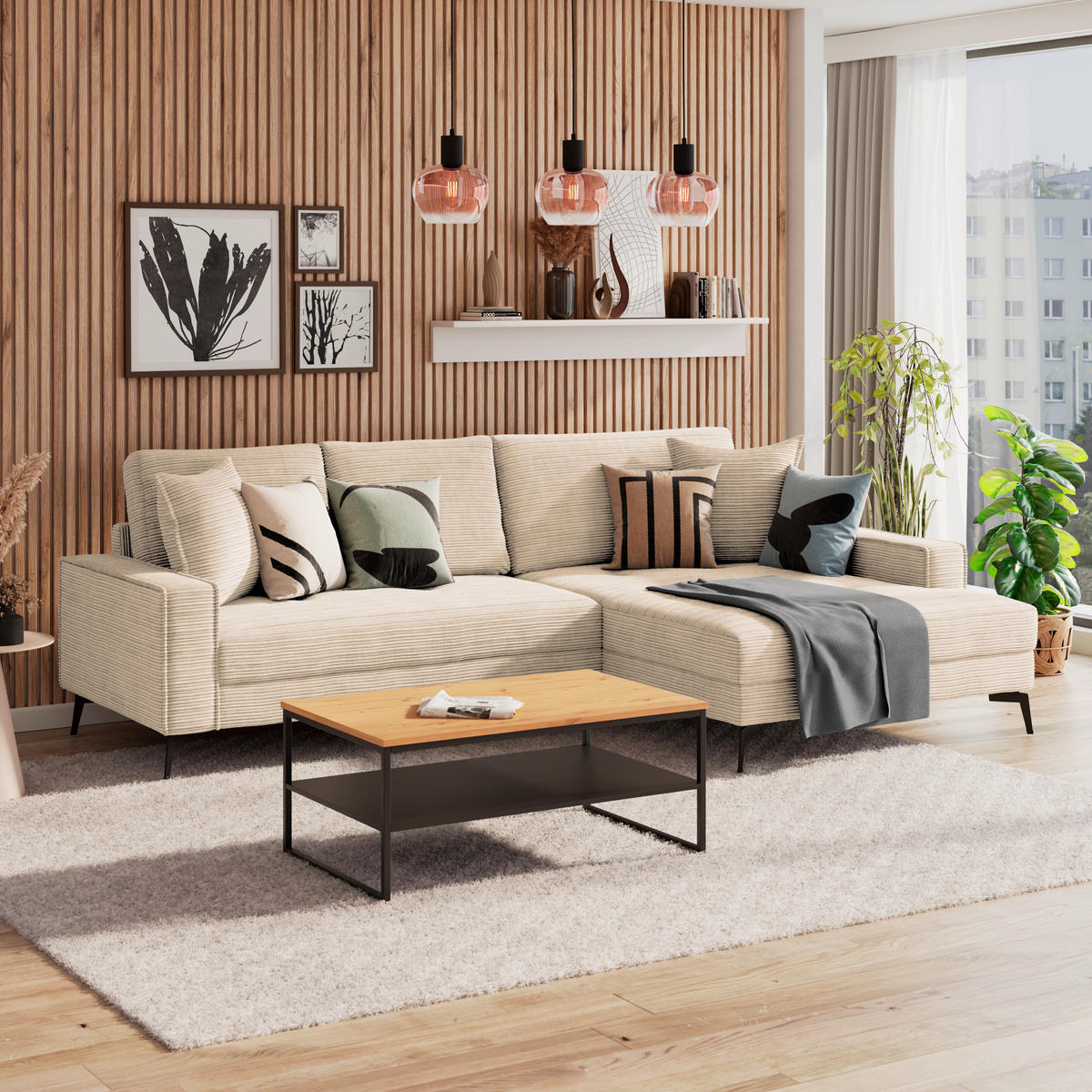 ECKSOFA ZERO Creme Cord Zierkissen, Rückenkissen  - Creme/Schwarz, Trend, Textil/Metall (286/173cm) - Livetastic