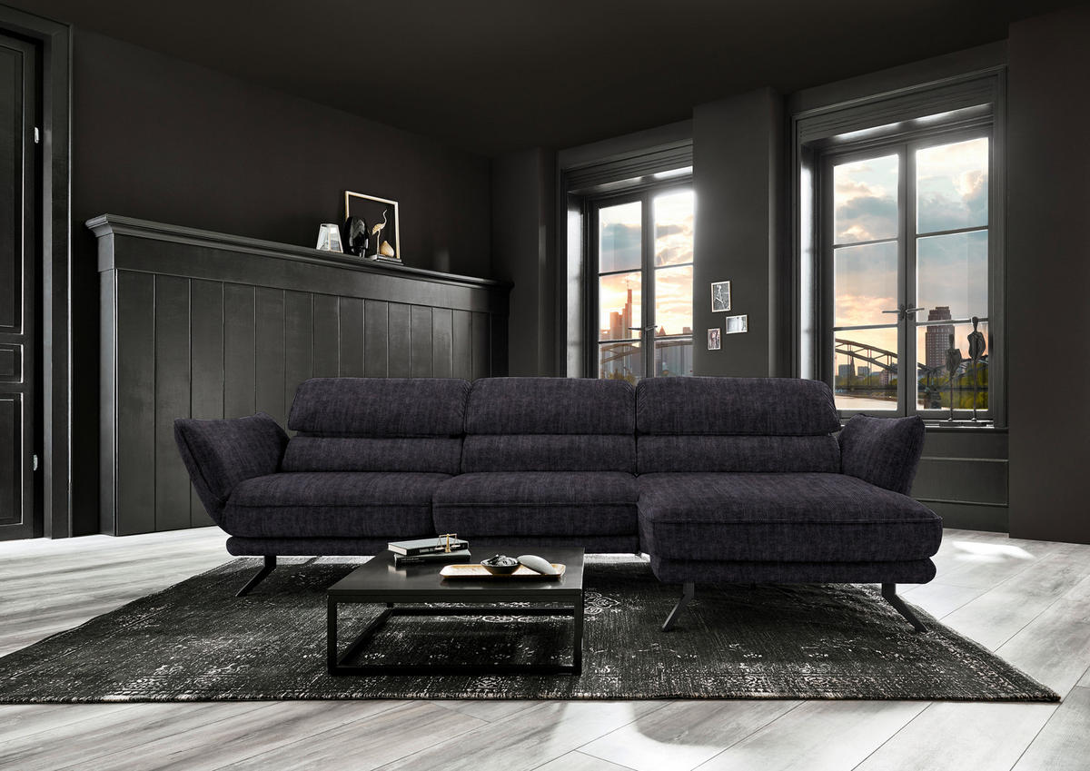 ECKSOFA in Velours Anthrazit  - Anthrazit/Schwarz, Design, Textil/Metall (283/153cm) - Valdera