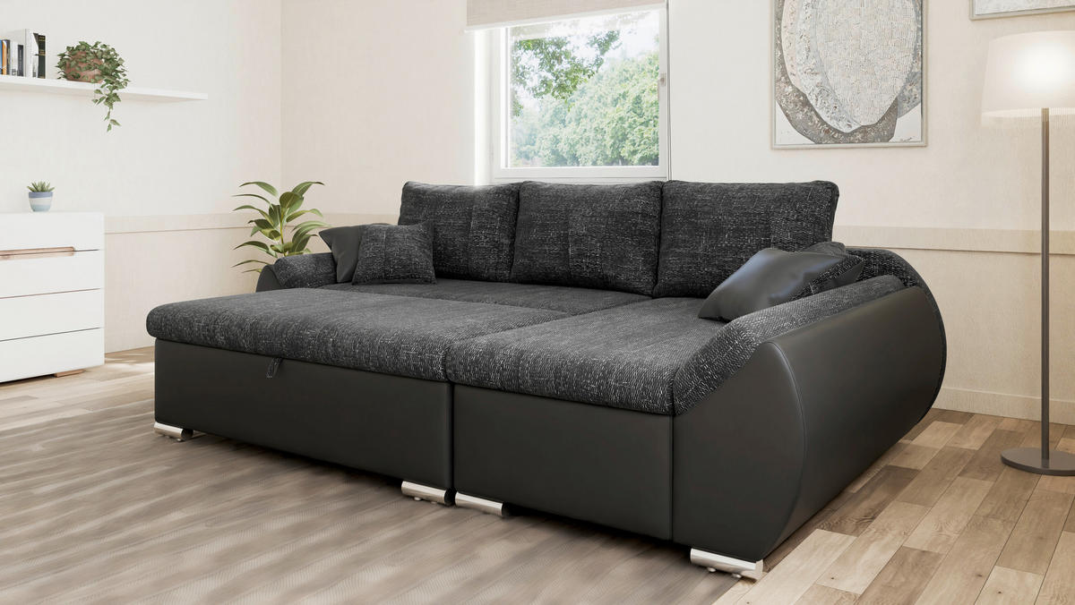 ECKSOFA, inkl. Hocker AURO in Schwarz Rücken echt, Hocker, Stauraum  275/155 cm  - Silberfarben/Schwarz, Design, Kunststoff/Textil (275/155cm) - MID.YOU