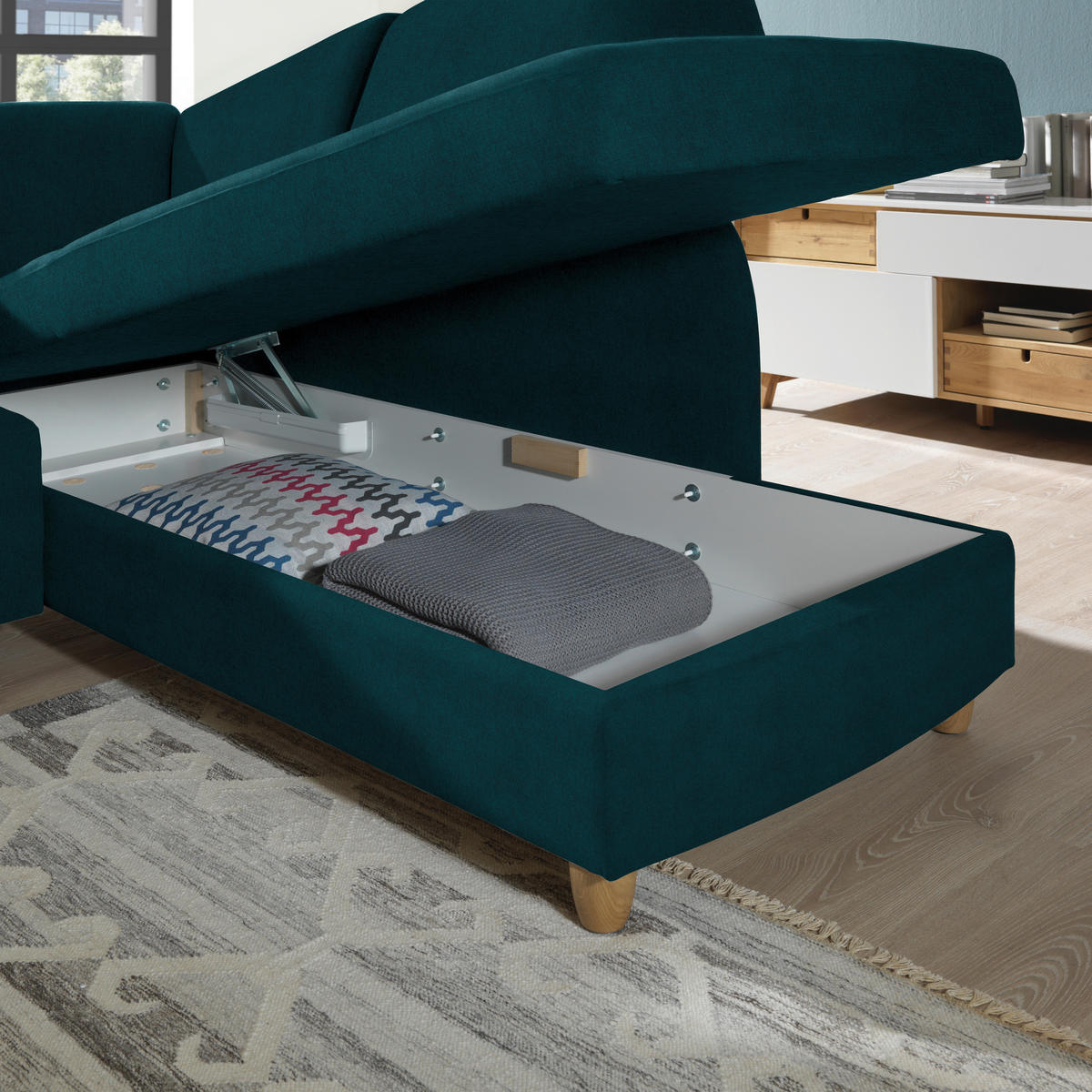 ECKSOFA  in Flachgewebe Petrol  227/208 cm  - Eichefarben/Rot, KONVENTIONELL, Holz/Textil (227/208cm) - Sedda