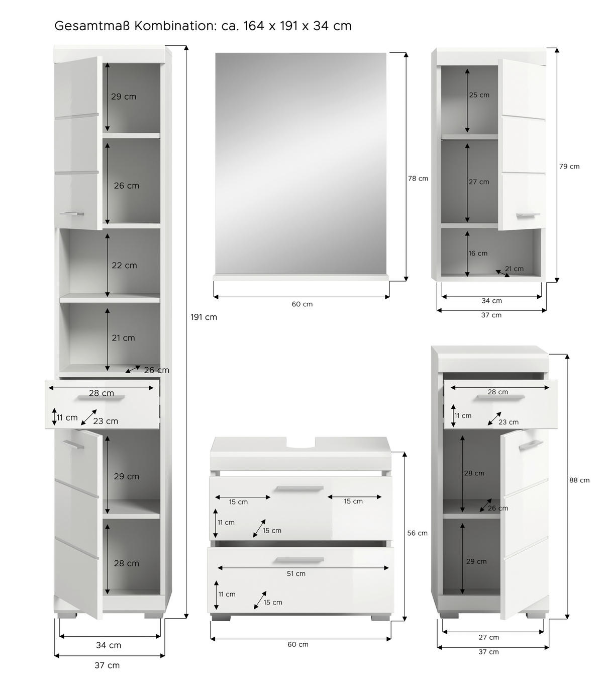 BADEZIMMER 5-teilig  in 134 cm  - Weiß Hochglanz/Silberfarben, MODERN, Glas/Holzwerkstoff (134cm) - MID.YOU