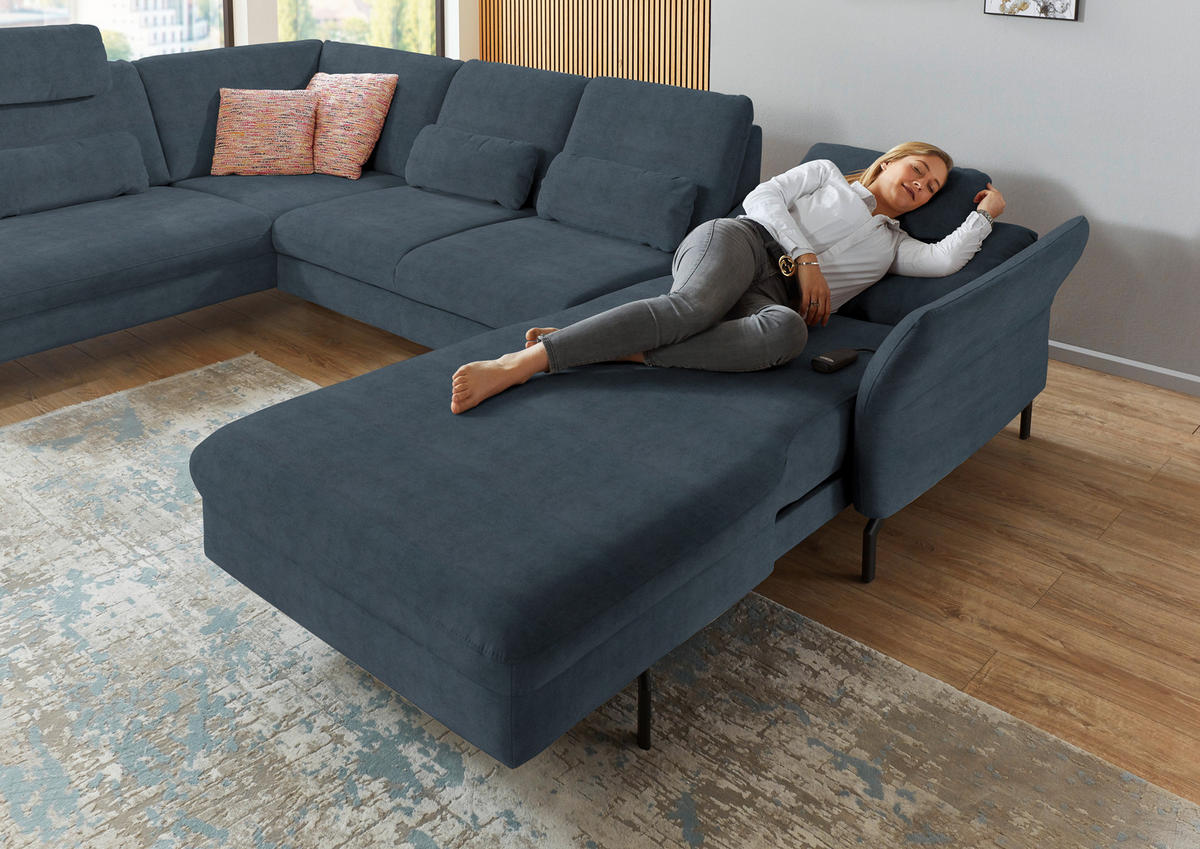 WOHNLANDSCHAFT in Velours Blaugrau  - Blaugrau/Schwarz, Design, Textil/Metall (220/335/179cm) - Beldomo System
