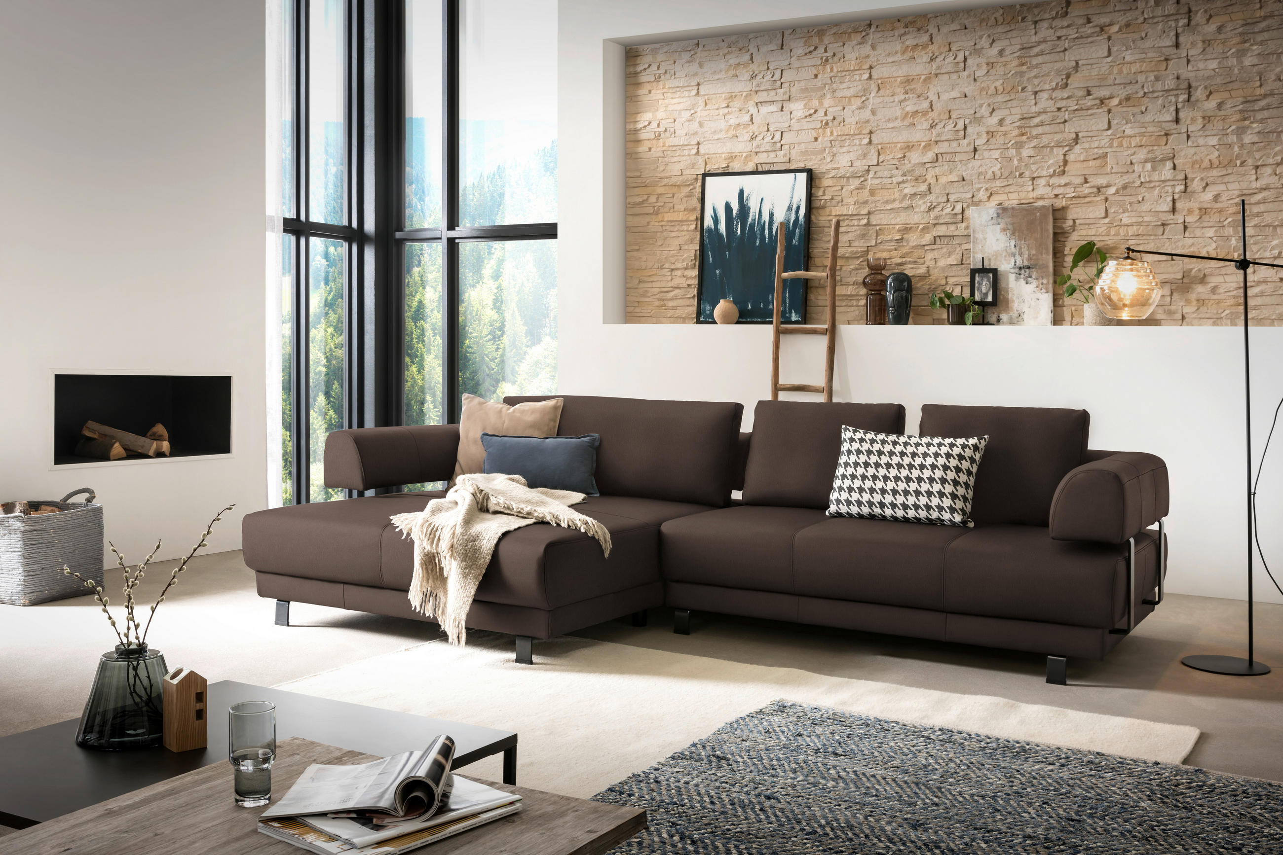 ECKSOFA in Echtleder Braun  - Schwarz/Braun, Design, Leder/Metall (188/307cm)