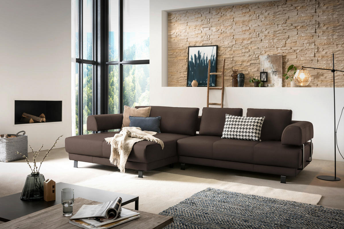 ECKSOFA in Echtleder Braun  - Schwarz/Braun, Design, Leder/Metall (188/307cm)