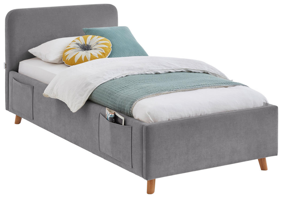 POLSTERBETT 90/200 cm,  in Grau, Eichefarben, Lattenrost, Bettkasten, Betttasche,  - Eichefarben/Birkefarben, KONVENTIONELL, Holz/Textil (90/200cm) - Boxxx