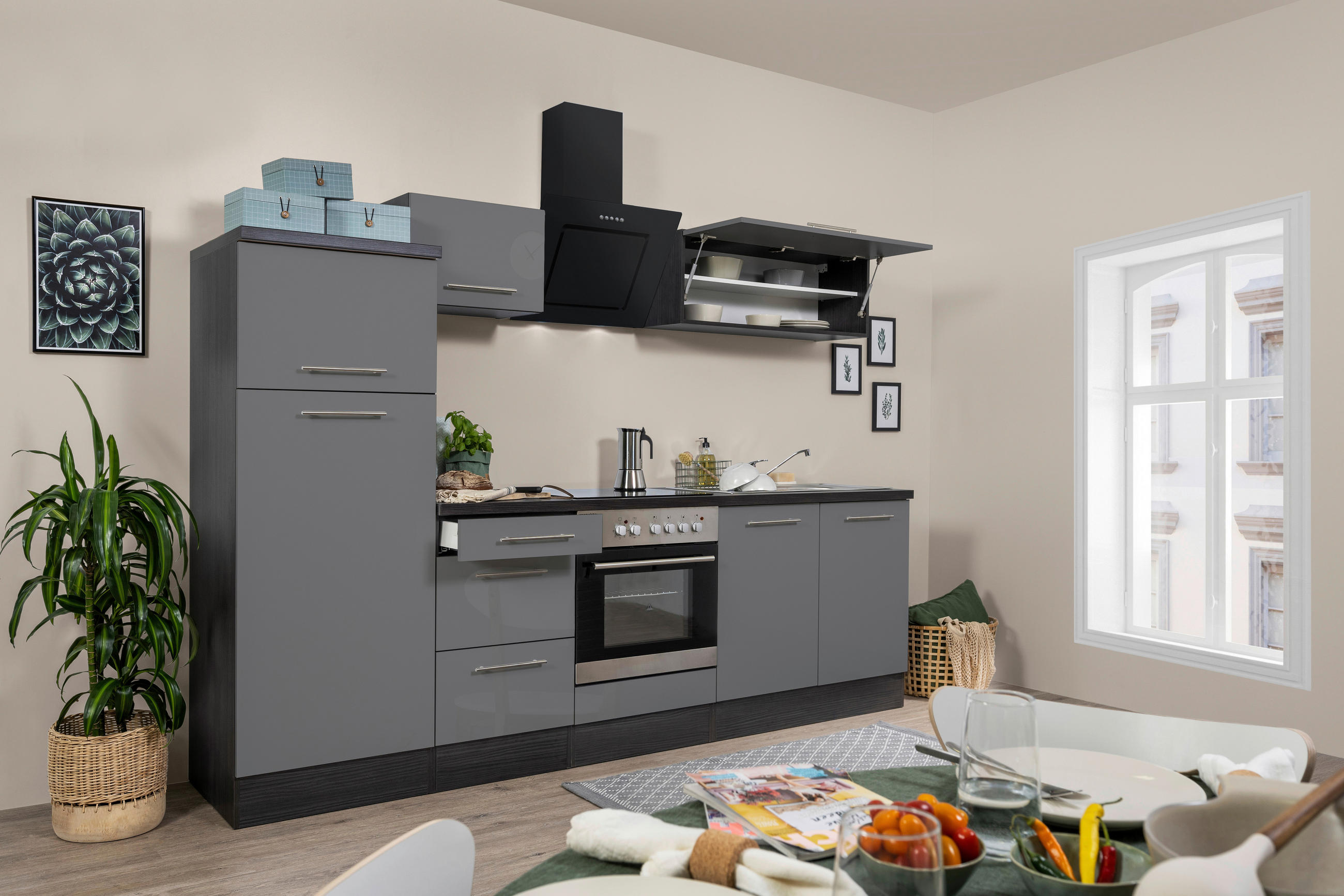 KÜCHENBLOCK Grau, Eichefarben E-Geräte, Spüle, Soft-Close-System, Kühlgefrierkombination, Dunstabzug, Ab- und Überlaufgarnitur - Eichefarben/Grau, KONVENTIONELL (270cm) - Respekta