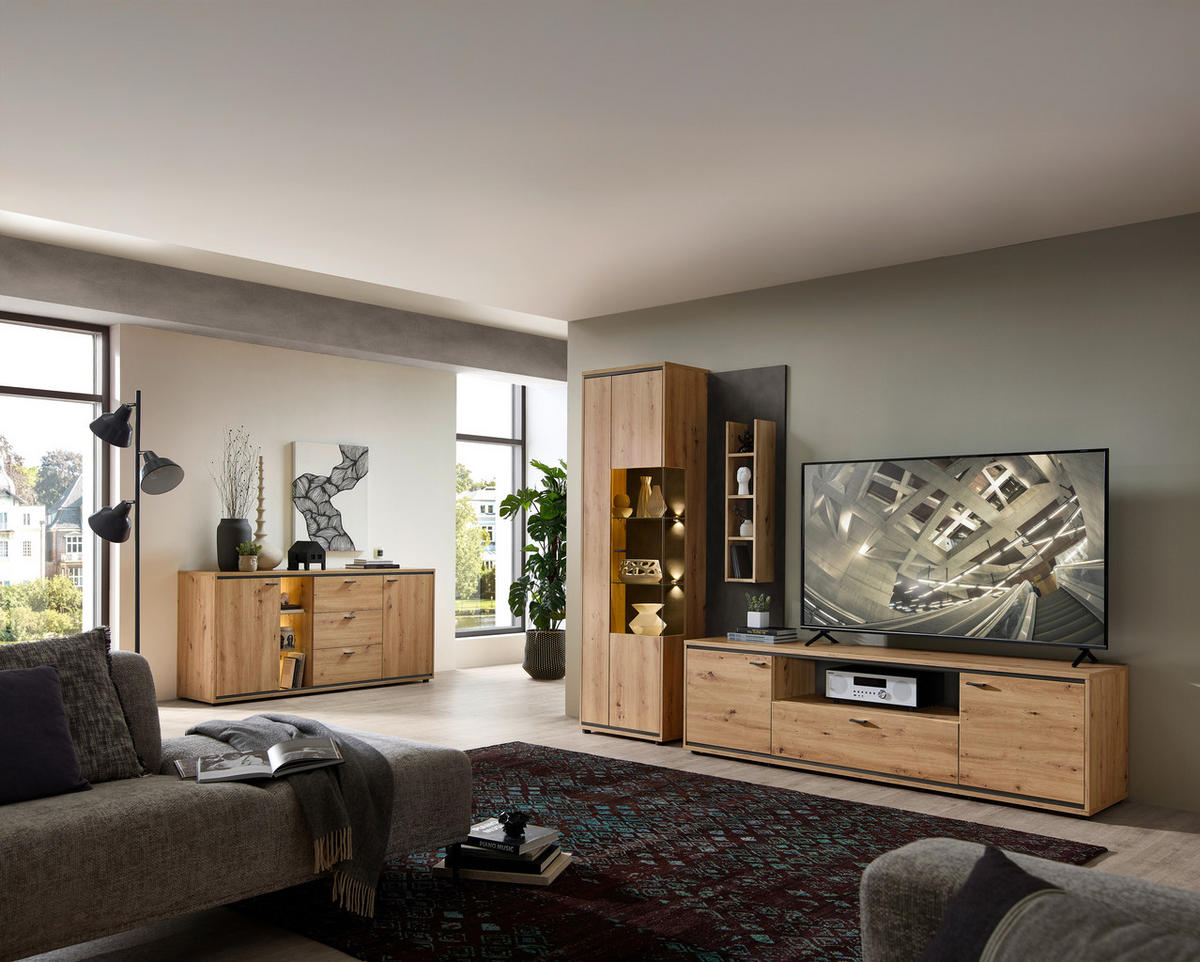 WOHNWAND  in Anthrazit, Eiche Artisan  280/205/49 cm  - Anthrazit/Schwarz, Design, Glas/Holzwerkstoff (280/205/49cm) - Stylife