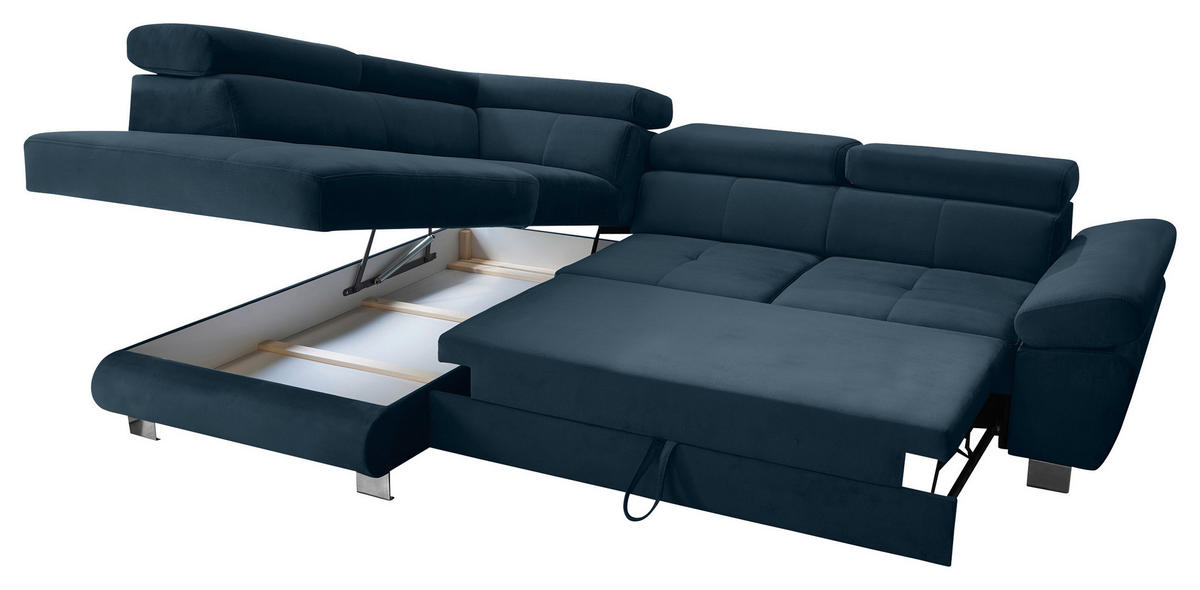 ECKSOFA Dunkelblau Webstoff Bettkasten, Schlaffunktion, Rücken echt, Armteilverstellung, Kopfteilverstellung  - Chromfarben/Dunkelblau, MODERN, Textil/Metall (205/278cm) - Stylife