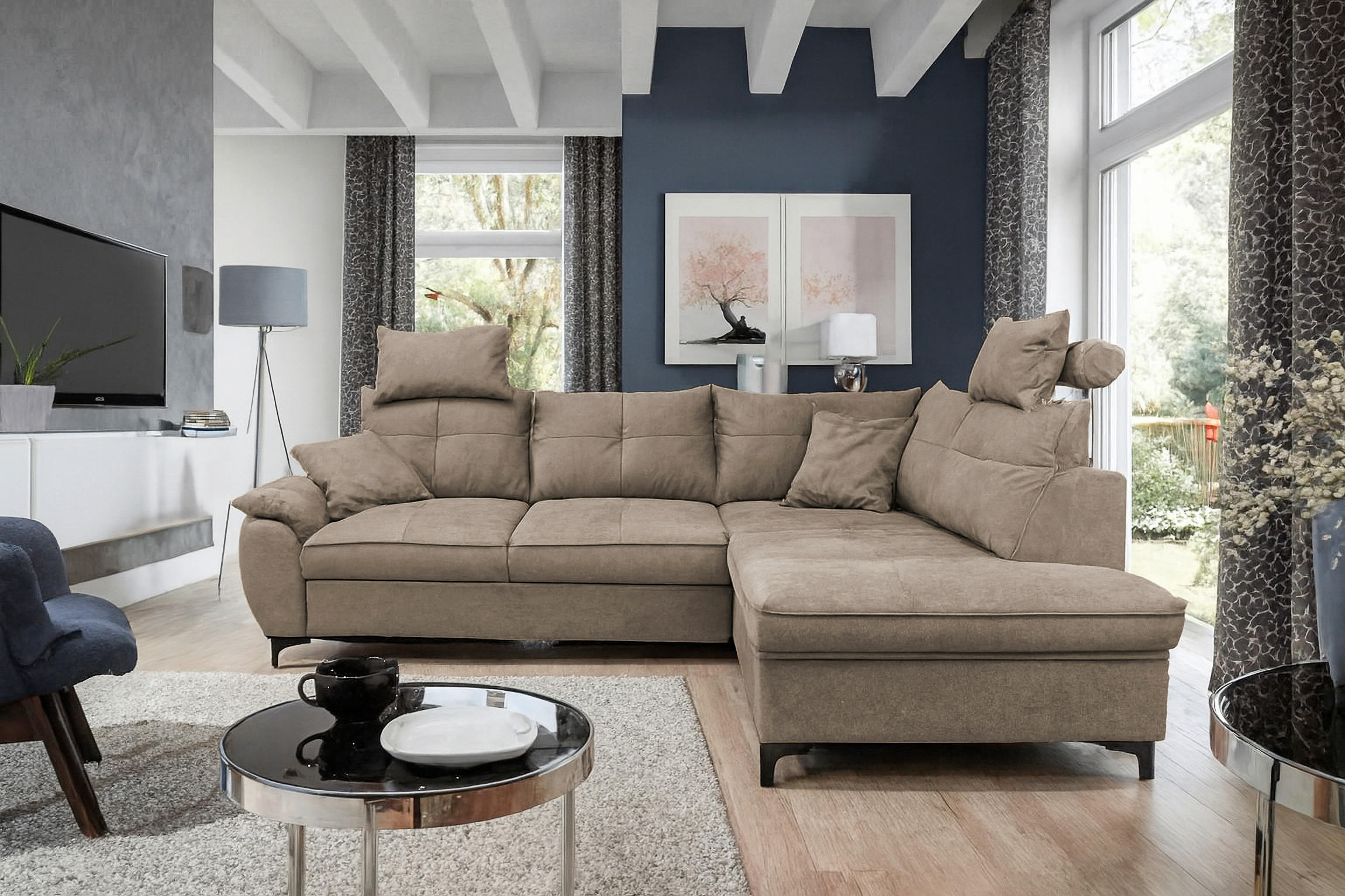 ECKSOFA SOLEI Taupe Chenille Zierkissen, Bettkasten, Kopfstütze  - Taupe/Schwarz, Design, Kunststoff/Textil (265/203cm) - MID.YOU