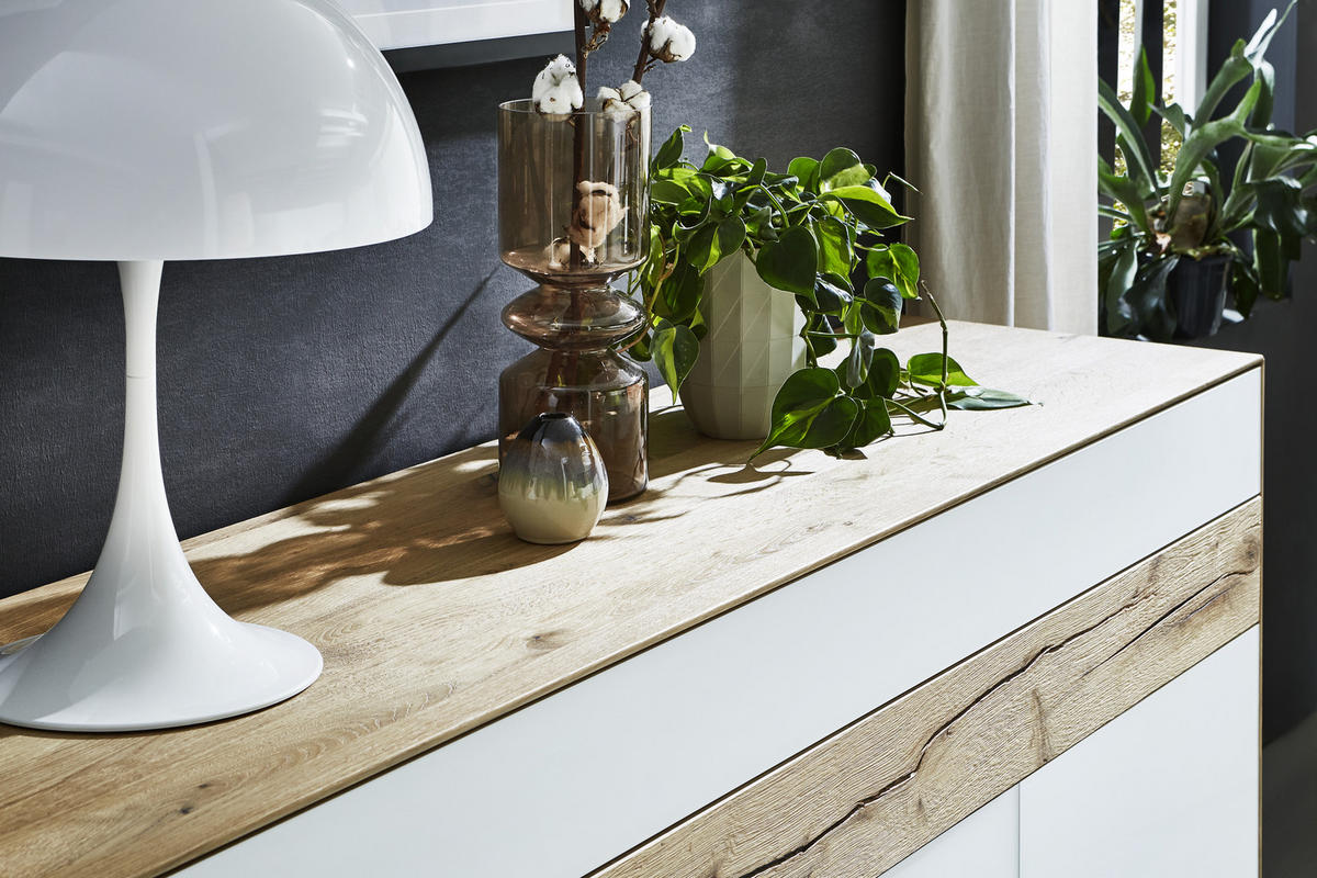 SIDEBOARD 152/90,3/47,6 cm  in Weiß, Eichefarben  - Eichefarben/Schwarz, Design, Glas/Holz (152/90,3/47,6cm) - Valnatura