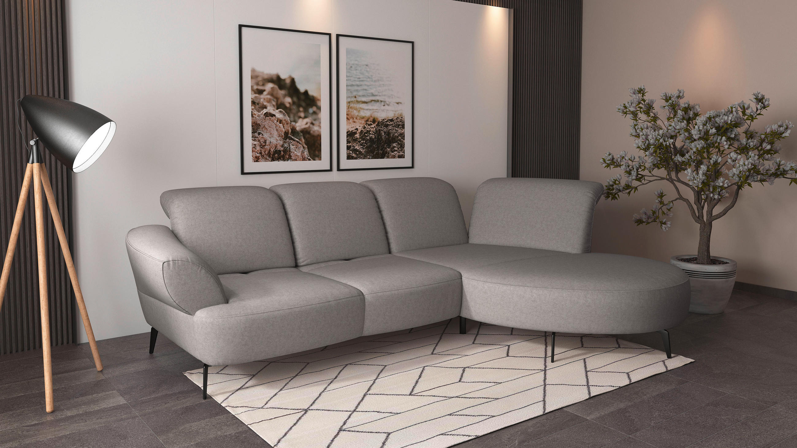 ECKSOFA in Flachgewebe Hellgrau  - Hellgrau/Schwarz, Modern, Textil/Metall (313/208cm) - Sit & More
