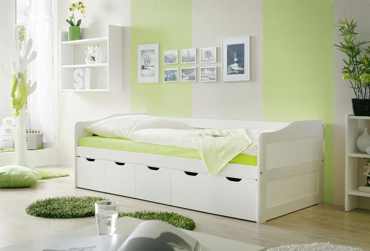 STAURAUMBETT 90/200 cm  in Weiss   - Weiss, Modern, Holz (90/200cm) - MID.YOU